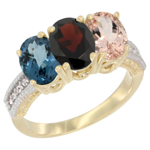 14K Yellow Gold Natural London Blue Topaz, Garnet & Morganite Ring 3-Stone 7x5 mm Oval Diamond Accent, sizes 5 - 10