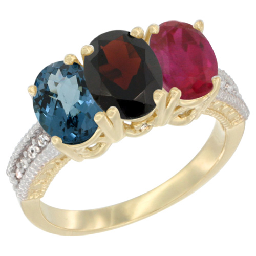 14K Yellow Gold Natural London Blue Topaz, Garnet & Enhanced Ruby Ring 3-Stone 7x5 mm Oval Diamond Accent, sizes 5 - 10