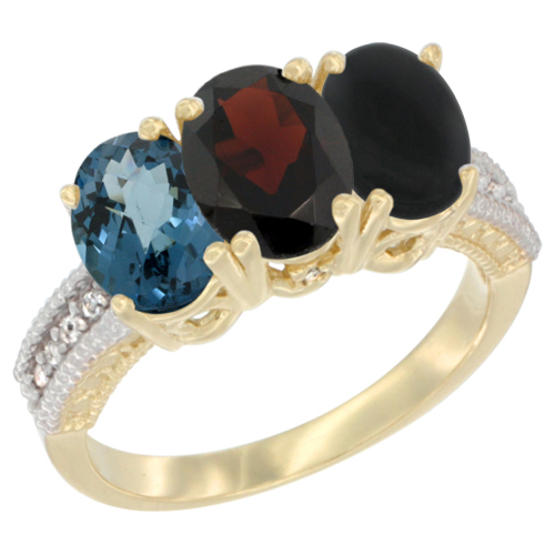 14K Yellow Gold Natural London Blue Topaz, Garnet & Black Onyx Ring 3-Stone 7x5 mm Oval Diamond Accent, sizes 5 - 10