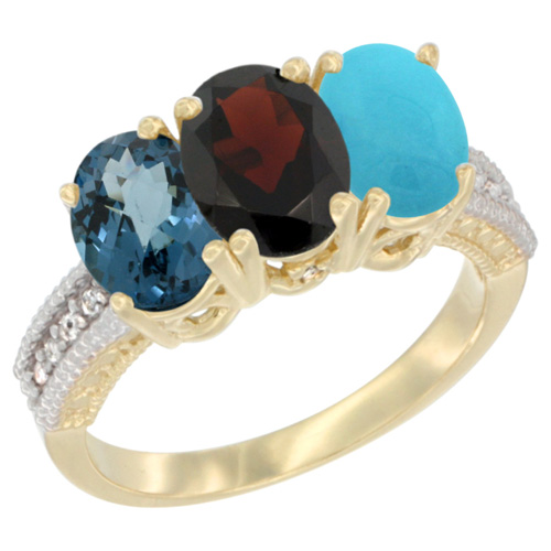 14K Yellow Gold Natural London Blue Topaz, Garnet & Turquoise Ring 3-Stone 7x5 mm Oval Diamond Accent, sizes 5 - 10