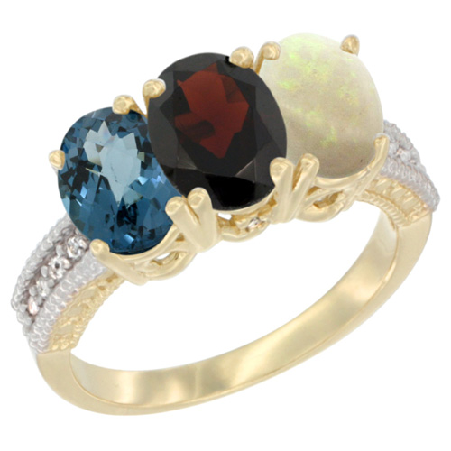 14K Yellow Gold Natural London Blue Topaz, Garnet & Opal Ring 3-Stone 7x5 mm Oval Diamond Accent, sizes 5 - 10
