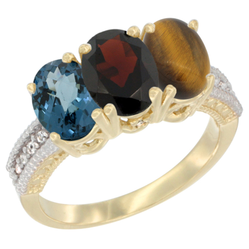 14K Yellow Gold Natural London Blue Topaz, Garnet & Tiger Eye Ring 3-Stone 7x5 mm Oval Diamond Accent, sizes 5 - 10
