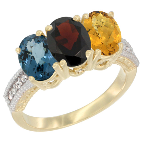 14K Yellow Gold Natural London Blue Topaz, Garnet & Whisky Quartz Ring 3-Stone 7x5 mm Oval Diamond Accent, sizes 5 - 10