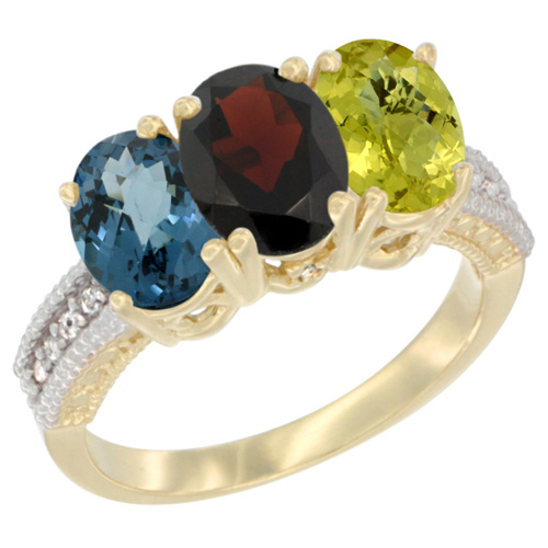 14K Yellow Gold Natural London Blue Topaz, Garnet & Lemon Quartz Ring 3-Stone 7x5 mm Oval Diamond Accent, sizes 5 - 10