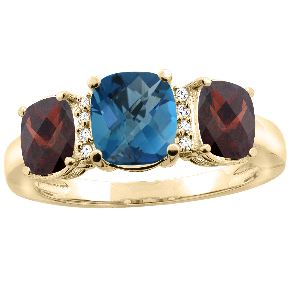 14K Yellow Gold Natural London Blue Topaz & Garnet 3-stone Ring Cushion 8x6mm Diamond Accent, sizes 5 - 10