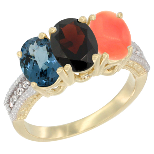 14K Yellow Gold Natural London Blue Topaz, Garnet & Coral Ring 3-Stone 7x5 mm Oval Diamond Accent, sizes 5 - 10