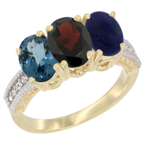 14K Yellow Gold Natural London Blue Topaz, Garnet & Lapis Ring 3-Stone 7x5 mm Oval Diamond Accent, sizes 5 - 10