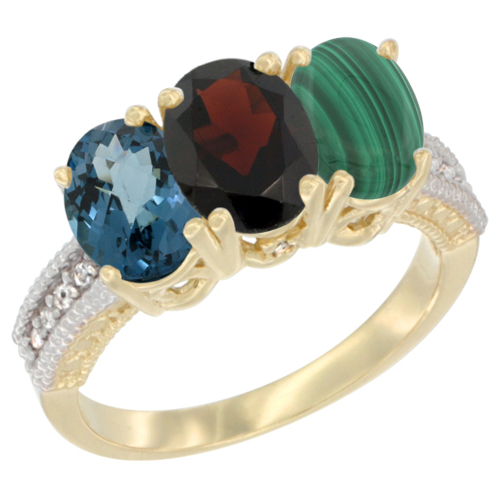 14K Yellow Gold Natural London Blue Topaz, Garnet & Malachite Ring 3-Stone 7x5 mm Oval Diamond Accent, sizes 5 - 10