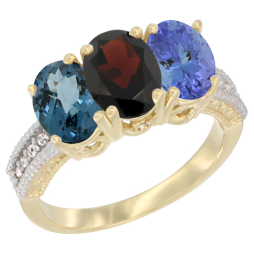 14K Yellow Gold Natural London Blue Topaz, Garnet & Tanzanite Ring 3-Stone 7x5 mm Oval Diamond Accent, sizes 5 - 10