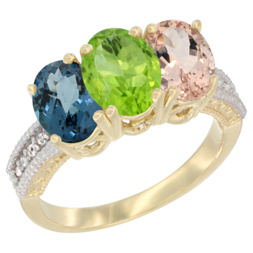 10K Yellow Gold Diamond Natural London Blue Topaz, Peridot & Morganite Ring 3-Stone Oval 7x5 mm, sizes 5 - 10