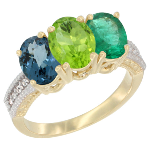 10K Yellow Gold Diamond Natural London Blue Topaz, Peridot & Emerald Ring 3-Stone Oval 7x5 mm, sizes 5 - 10