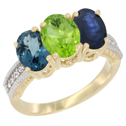 10K Yellow Gold Diamond Natural London Blue Topaz, Peridot & Blue Sapphire Ring 3-Stone Oval 7x5 mm, sizes 5 - 10
