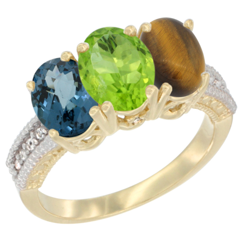 10K Yellow Gold Diamond Natural London Blue Topaz, Peridot & Tiger Eye Ring 3-Stone Oval 7x5 mm, sizes 5 - 10