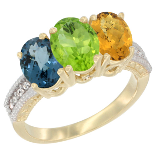 10K Yellow Gold Diamond Natural London Blue Topaz, Peridot & Whisky Quartz Ring 3-Stone Oval 7x5 mm, sizes 5 - 10