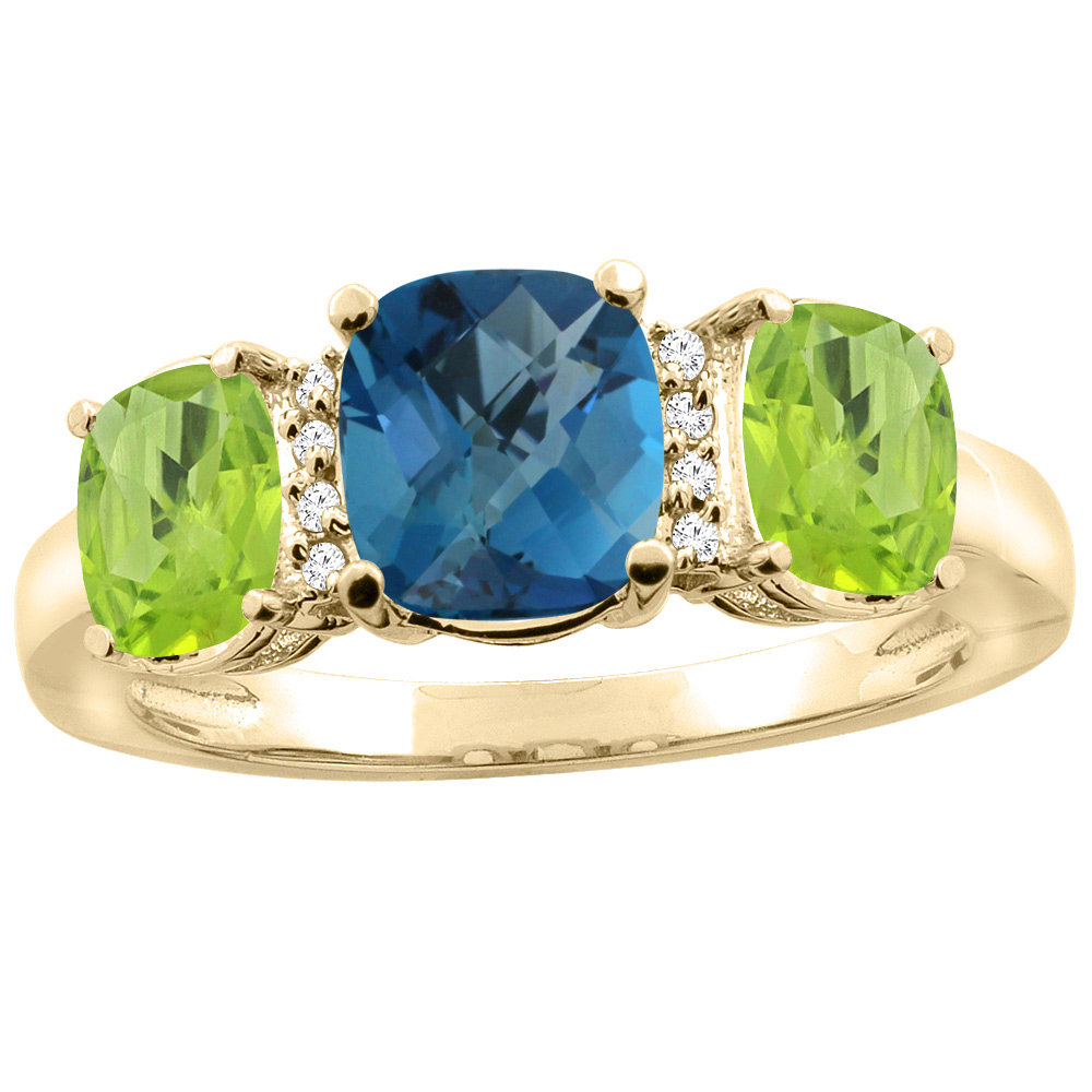 10K Yellow Gold Natural London Blue Topaz & Peridot 3-stone Ring Cushion 8x6mm Diamond Accent, sizes 5 - 10