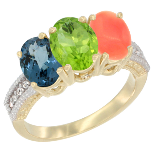 10K Yellow Gold Diamond Natural London Blue Topaz, Peridot & Coral Ring 3-Stone Oval 7x5 mm, sizes 5 - 10