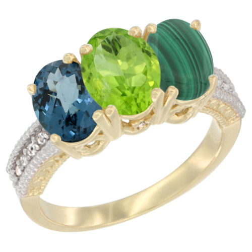 10K Yellow Gold Diamond Natural London Blue Topaz, Peridot & Malachite Ring 3-Stone Oval 7x5 mm, sizes 5 - 10