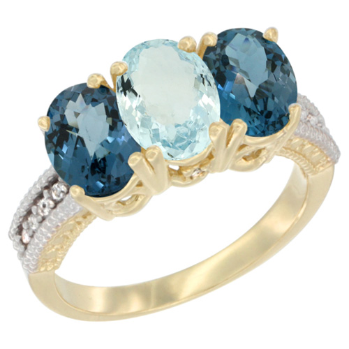 10K Yellow Gold Diamond Natural Aquamarine & London Blue Topaz Ring 3-Stone Oval 7x5 mm, sizes 5 - 10
