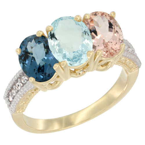 10K Yellow Gold Diamond Natural London Blue Topaz, Aquamarine & Morganite Ring 3-Stone Oval 7x5 mm, sizes 5 - 10