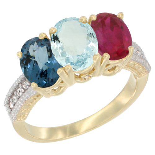 10K Yellow Gold Diamond Natural London Blue Topaz, Aquamarine & Ruby Ring 3-Stone Oval 7x5 mm, sizes 5 - 10