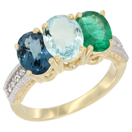 10K Yellow Gold Diamond Natural London Blue Topaz, Aquamarine & Emerald Ring 3-Stone Oval 7x5 mm, sizes 5 - 10