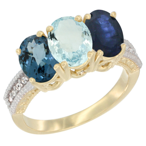 10K Yellow Gold Diamond Natural London Blue Topaz, Aquamarine & Blue Sapphire Ring 3-Stone Oval 7x5 mm, sizes 5 - 10