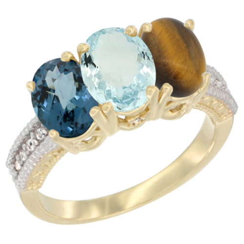 10K Yellow Gold Diamond Natural London Blue Topaz, Aquamarine & Tiger Eye Ring 3-Stone Oval 7x5 mm, sizes 5 - 10