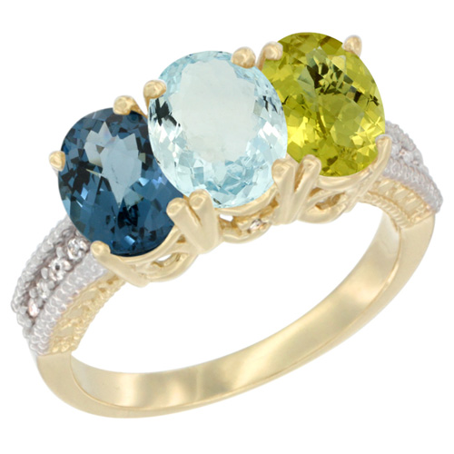 10K Yellow Gold Diamond Natural London Blue Topaz, Aquamarine & Lemon Quartz Ring 3-Stone Oval 7x5 mm, sizes 5 - 10