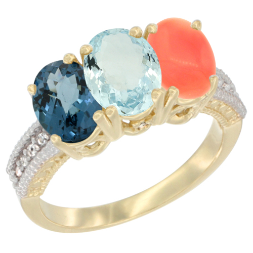 10K Yellow Gold Diamond Natural London Blue Topaz, Aquamarine & Coral Ring 3-Stone Oval 7x5 mm, sizes 5 - 10