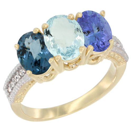 10K Yellow Gold Diamond Natural London Blue Topaz, Aquamarine & Tanzanite Ring 3-Stone Oval 7x5 mm, sizes 5 - 10