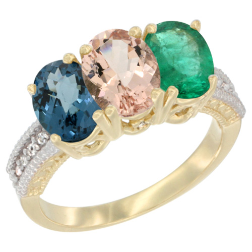 14K Yellow Gold Natural London Blue Topaz, Morganite & Emerald Ring 3-Stone 7x5 mm Oval Diamond Accent, sizes 5 - 10