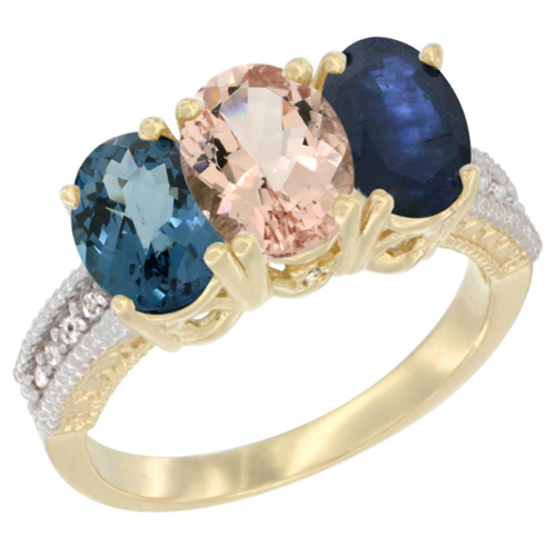 14K Yellow Gold Natural London Blue Topaz, Morganite & Blue Sapphire Ring 3-Stone 7x5 mm Oval Diamond Accent, sizes 5 - 10