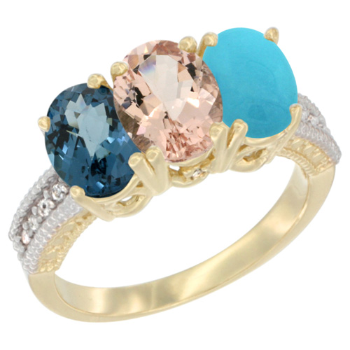 14K Yellow Gold Natural London Blue Topaz, Morganite & Turquoise Ring 3-Stone 7x5 mm Oval Diamond Accent, sizes 5 - 10