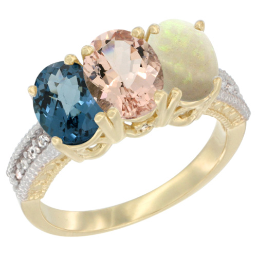 14K Yellow Gold Natural London Blue Topaz, Morganite & Opal Ring 3-Stone 7x5 mm Oval Diamond Accent, sizes 5 - 10
