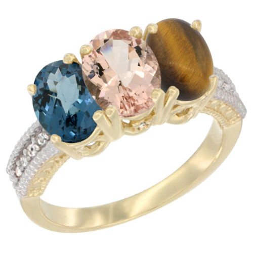 14K Yellow Gold Natural London Blue Topaz, Morganite & Tiger Eye Ring 3-Stone 7x5 mm Oval Diamond Accent, sizes 5 - 10