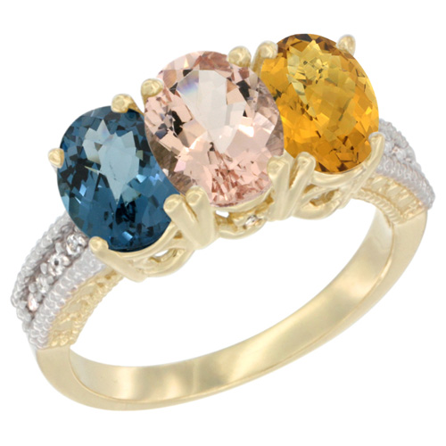 14K Yellow Gold Natural London Blue Topaz, Morganite & Whisky Quartz Ring 3-Stone 7x5 mm Oval Diamond Accent, sizes 5 - 10