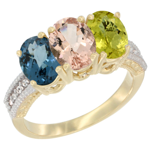 14K Yellow Gold Natural London Blue Topaz, Morganite & Lemon Quartz Ring 3-Stone 7x5 mm Oval Diamond Accent, sizes 5 - 10