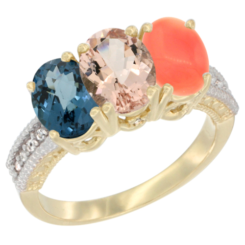 14K Yellow Gold Natural London Blue Topaz, Morganite & Coral Ring 3-Stone 7x5 mm Oval Diamond Accent, sizes 5 - 10
