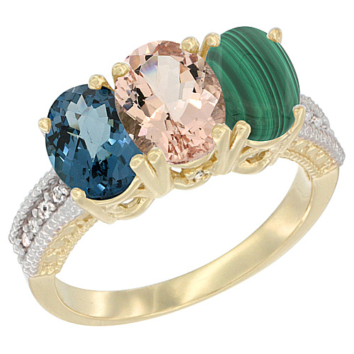 14K Yellow Gold Natural London Blue Topaz, Morganite & Malachite Ring 3-Stone 7x5 mm Oval Diamond Accent, sizes 5 - 10