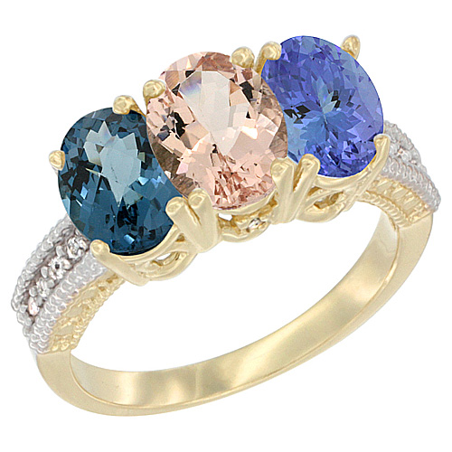 14K Yellow Gold Natural London Blue Topaz, Morganite & Tanzanite Ring 3-Stone 7x5 mm Oval Diamond Accent, sizes 5 - 10