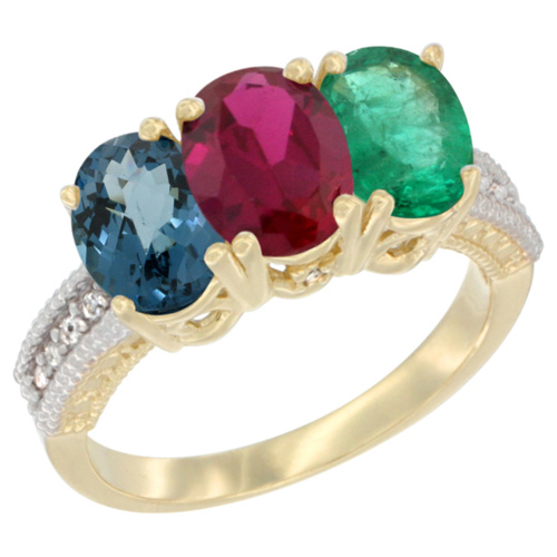 14K Yellow Gold Natural London Blue Topaz, Enhanced Ruby & Natural Emerald Ring 3-Stone 7x5 mm Oval Diamond Accent, sizes 5 - 10