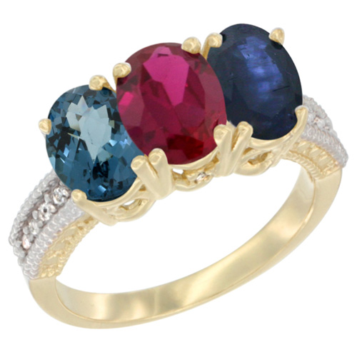 14K Yellow Gold Natural London Blue Topaz, Enhanced Ruby & Natural Blue Sapphire Ring 3-Stone 7x5 mm Oval Diamond Accent, sizes 5 - 10