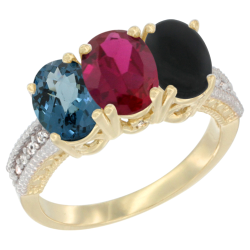 14K Yellow Gold Natural London Blue Topaz, Enhanced Ruby & Natural Black Onyx Ring 3-Stone 7x5 mm Oval Diamond Accent, sizes 5 - 10