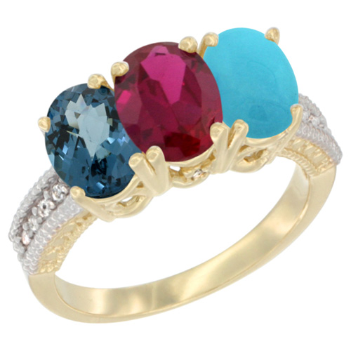 14K Yellow Gold Natural London Blue Topaz, Enhanced Ruby & Natural Turquoise Ring 3-Stone 7x5 mm Oval Diamond Accent, sizes 5 - 10