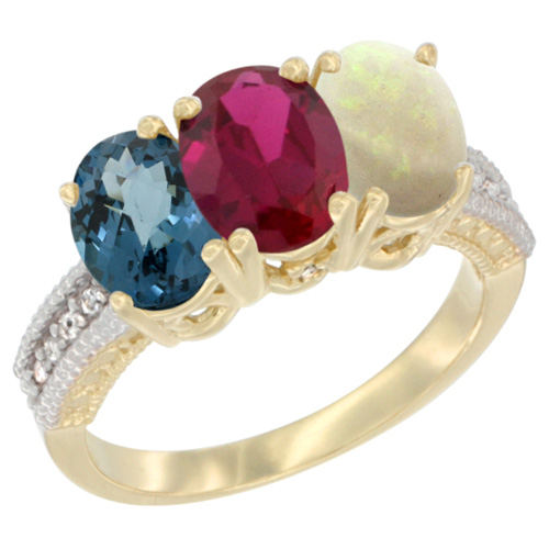 14K Yellow Gold Natural London Blue Topaz, Enhanced Ruby & Natural Opal Ring 3-Stone 7x5 mm Oval Diamond Accent, sizes 5 - 10