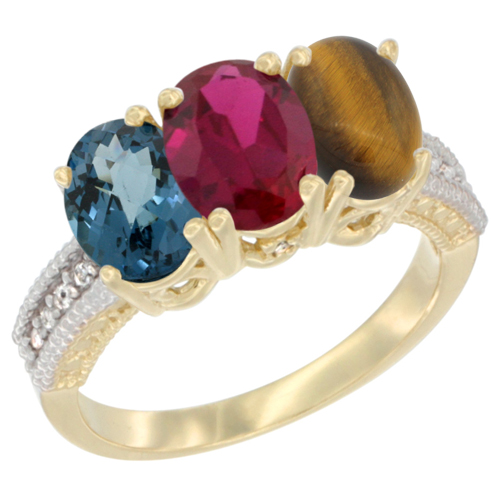 14K Yellow Gold Natural London Blue Topaz, Enhanced Ruby & Natural Tiger Eye Ring 3-Stone 7x5 mm Oval Diamond Accent, sizes 5 - 10