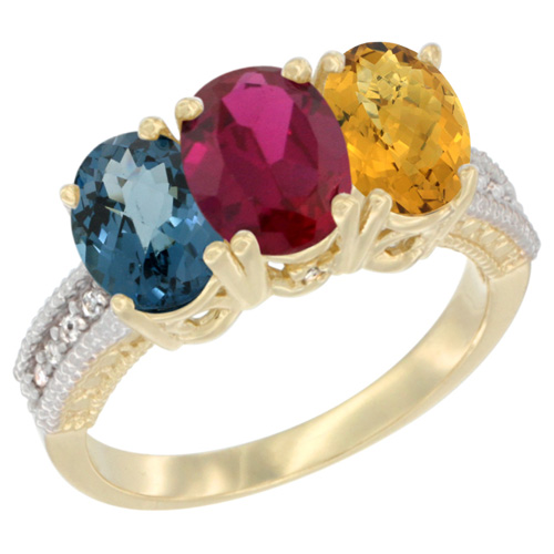 14K Yellow Gold Natural London Blue Topaz, Enhanced Ruby & Natural Whisky Quartz Ring 3-Stone 7x5 mm Oval Diamond Accent, sizes 5 - 10