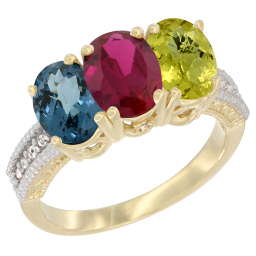 14K Yellow Gold Natural London Blue Topaz, Enhanced Ruby & Natural Lemon Quartz Ring 3-Stone 7x5 mm Oval Diamond Accent, sizes 5 - 10