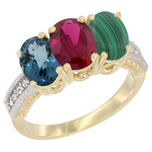 14K Yellow Gold Natural London Blue Topaz, Enhanced Ruby & Natural Malachite Ring 3-Stone 7x5 mm Oval Diamond Accent, sizes 5 - 10