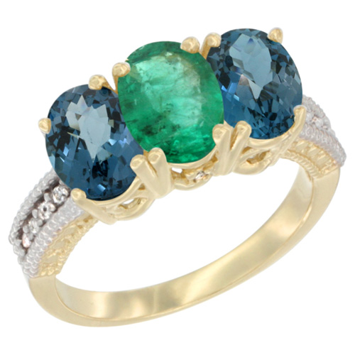 14K Yellow Gold Natural Emerald & London Blue Topaz Sides Ring 3-Stone 7x5 mm Oval Diamond Accent, sizes 5 - 10